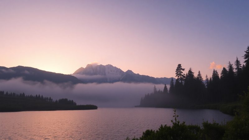 Misty Mountain Sunrise Reflection – free AI stock image
