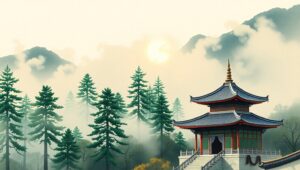 Misty Mountain Temple at Sunrise – free AI stock image
