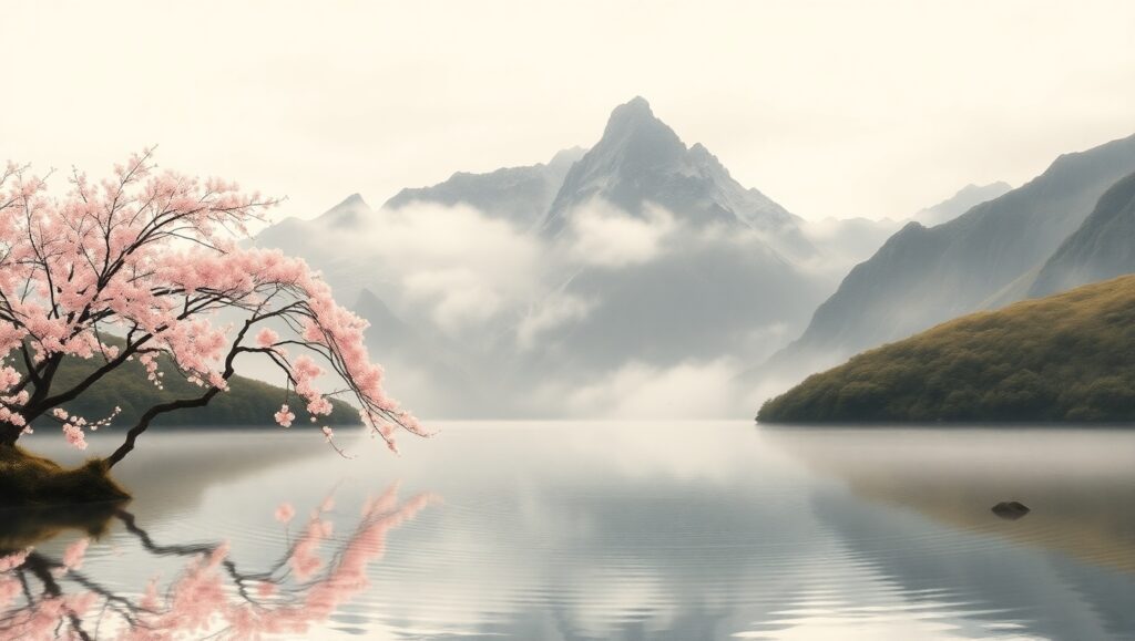 Misty Mountains and Cherry Blossoms – free AI stock image