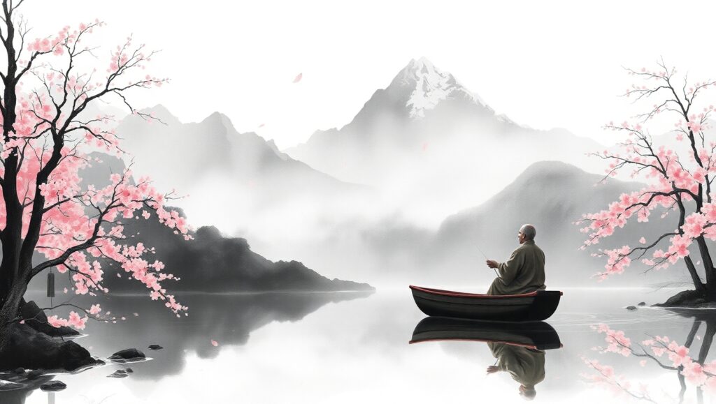 Misty Mountains and Cherry Blossoms FyE – free AI stock image