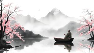 Misty Mountains and Cherry Blossoms FyE – free AI stock image