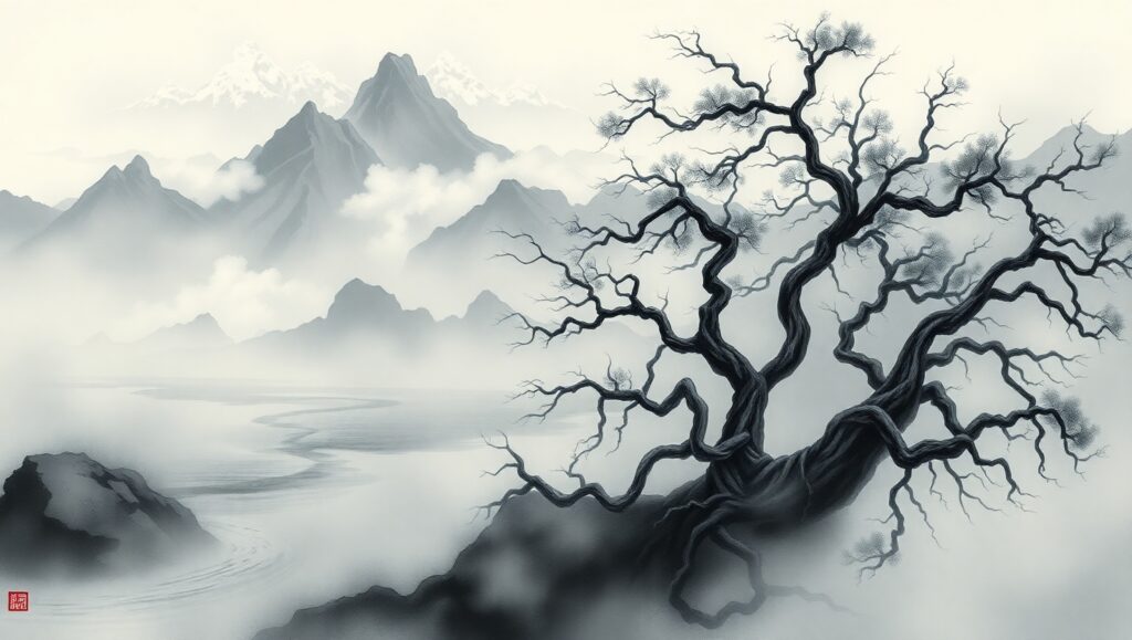Misty Mountains and Serene Rivers – free AI stock image