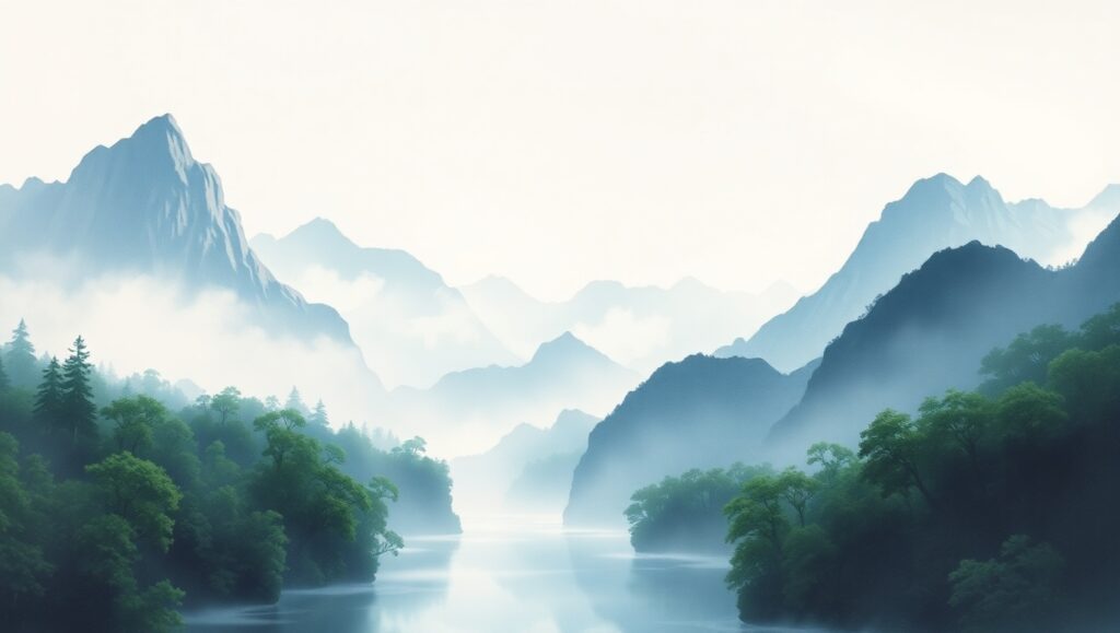 Misty Mountains and Tranquil River – free AI stock image