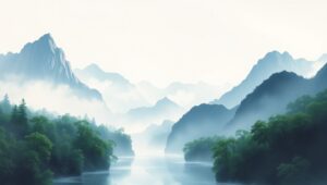 Misty Mountains and Tranquil River – free AI stock image