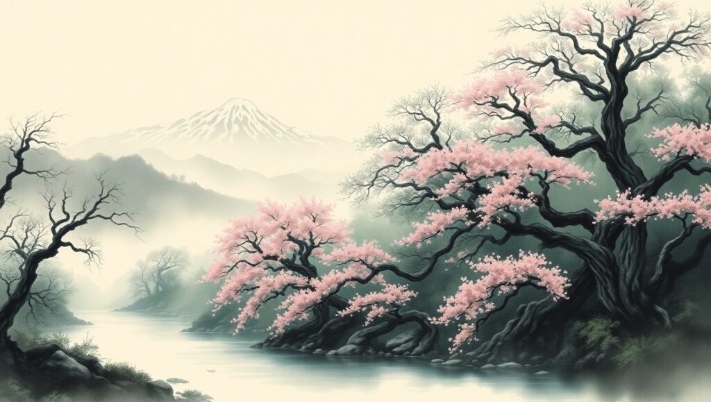 Misty Mountains and Tranquil Rivers – free AI stock image