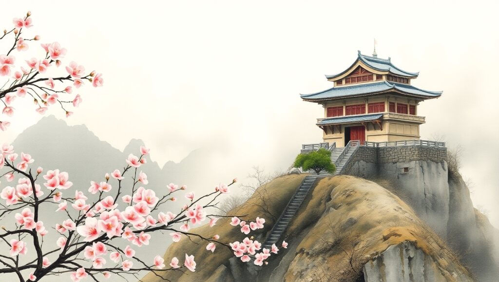 Misty Mountains with Cherry Blossoms – free AI stock image