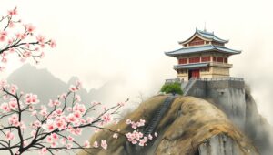 Misty Mountains with Cherry Blossoms – free AI stock image