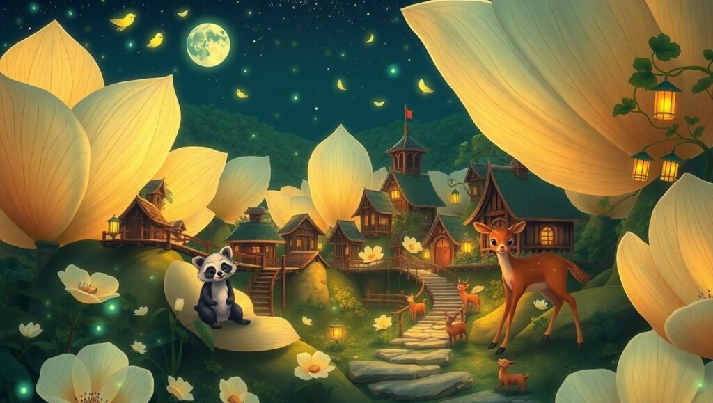 Moonflower Village Under Fireflies – free AI stock image