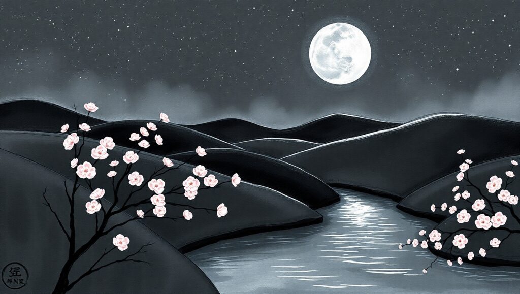 Moonlit Cherry Blossom Scene – free AI stock image