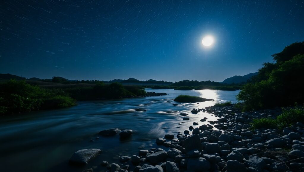Moonlit River with Streaking Stars – free AI stock image