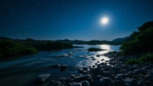Moonlit River with Streaking Stars – free AI stock image