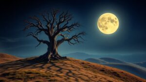 Moonlit Tree on a Hill – free AI stock image