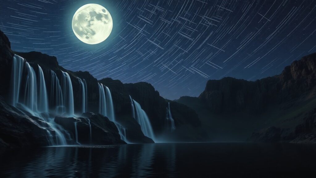 Moonlit Waterfall Trails at Night – free AI stock image