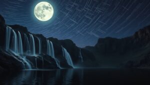 Moonlit Waterfall Trails at Night – free AI stock image