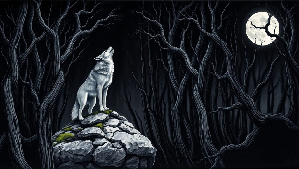 Moonlit Wolf in Charcoal – free AI stock image
