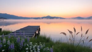 Morning Calm at the Lakeside – free AI stock image