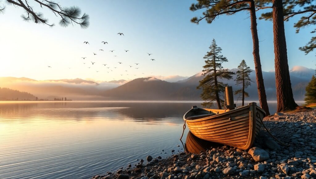 Morning Calm in Mountain Tranquility – free AI stock image