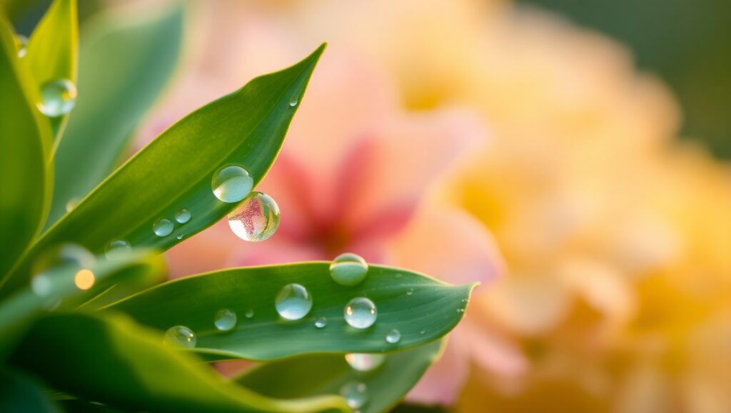 Morning Dew on Lush Leaves – free AI stock image