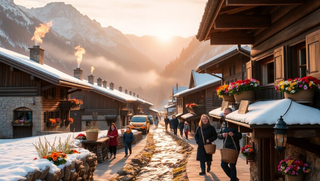 Morning Glow in Mountain Village – free AI stock image