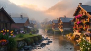 Morning Mist Over Mountain Village – free AI stock image