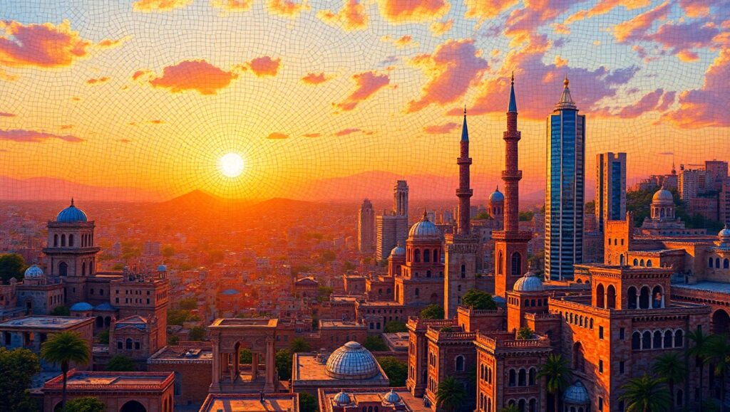 Mosaic City at Sunrise – free AI stock image