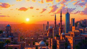 Mosaic City at Sunrise – free AI stock image