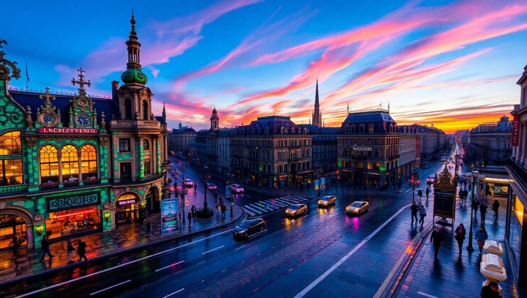Mosaic Cityscape at Dusk – free AI stock image