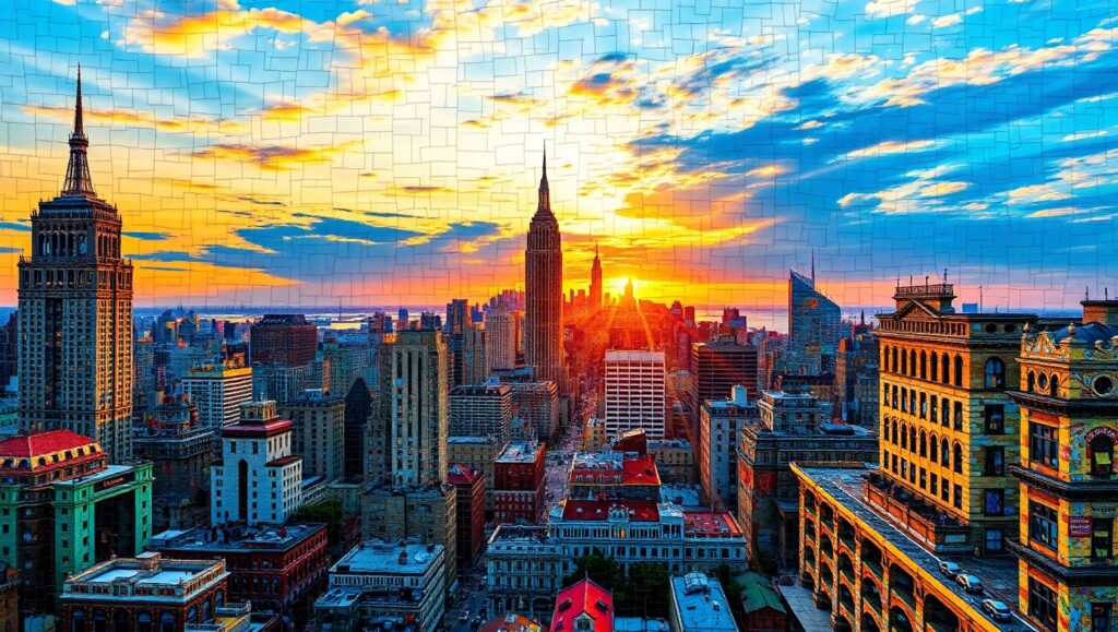 Mosaic Cityscape at Sunset – free AI stock image