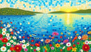 Mosaic Lake at Sunrise – free AI stock image
