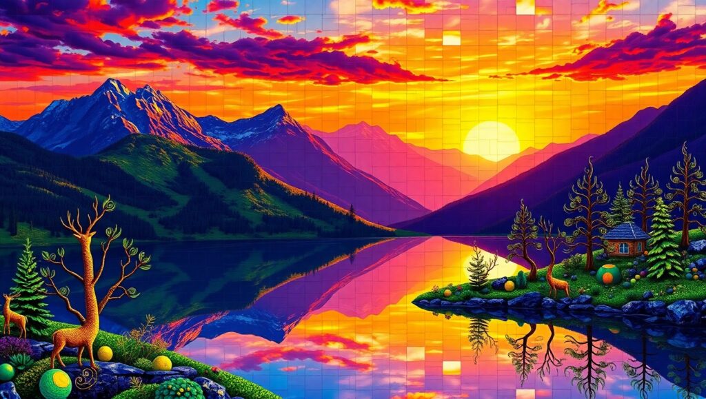 Mosaic Landscape at Sunset – free AI stock image