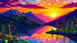 Mosaic Landscape at Sunset – free AI stock image