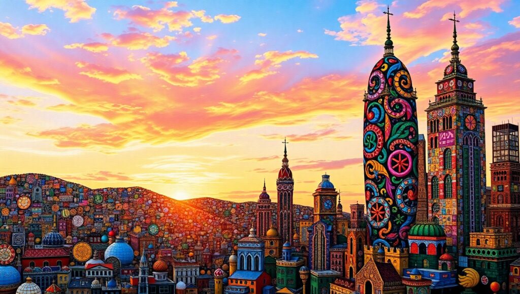 Mosaic of a Fantastical City – free AI stock image
