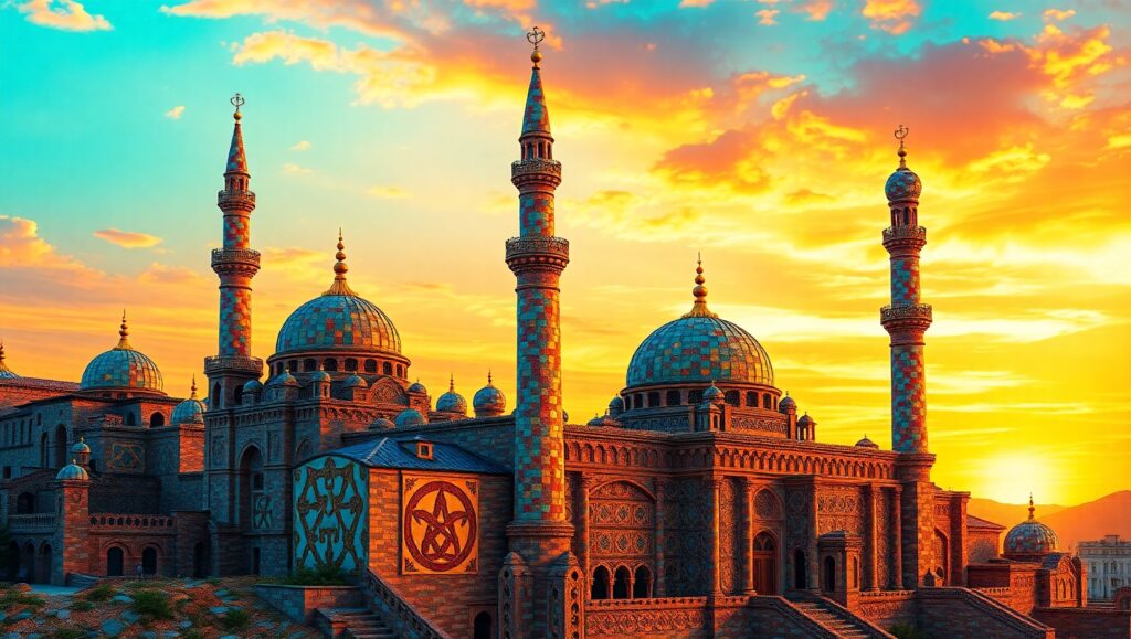 Mosaic of an Ancient Cityscape – free AI stock image