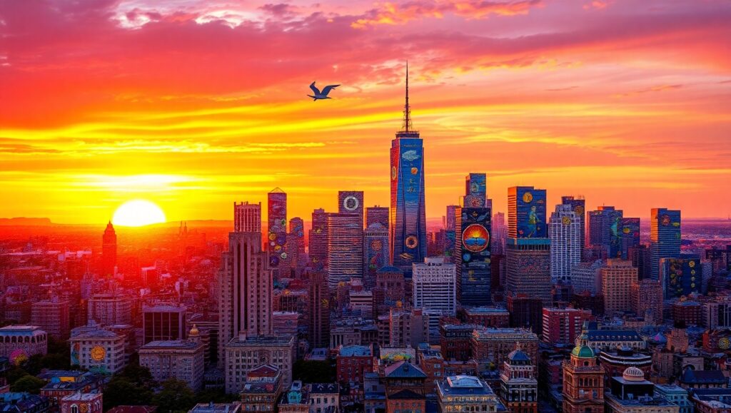 Mosaic Sunset Cityscape – free AI stock image