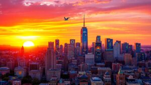Mosaic Sunset Cityscape – free AI stock image