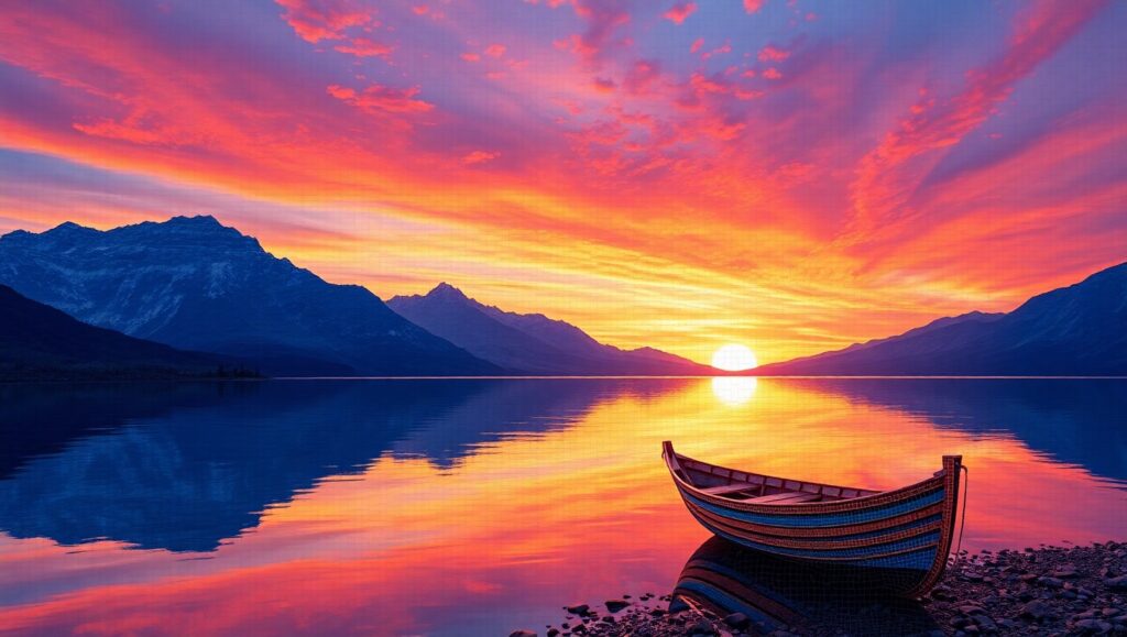 Mosaic Sunset Over Serene Lake – free AI stock image