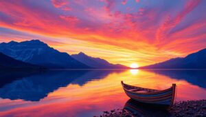 Mosaic Sunset Over Serene Lake – free AI stock image