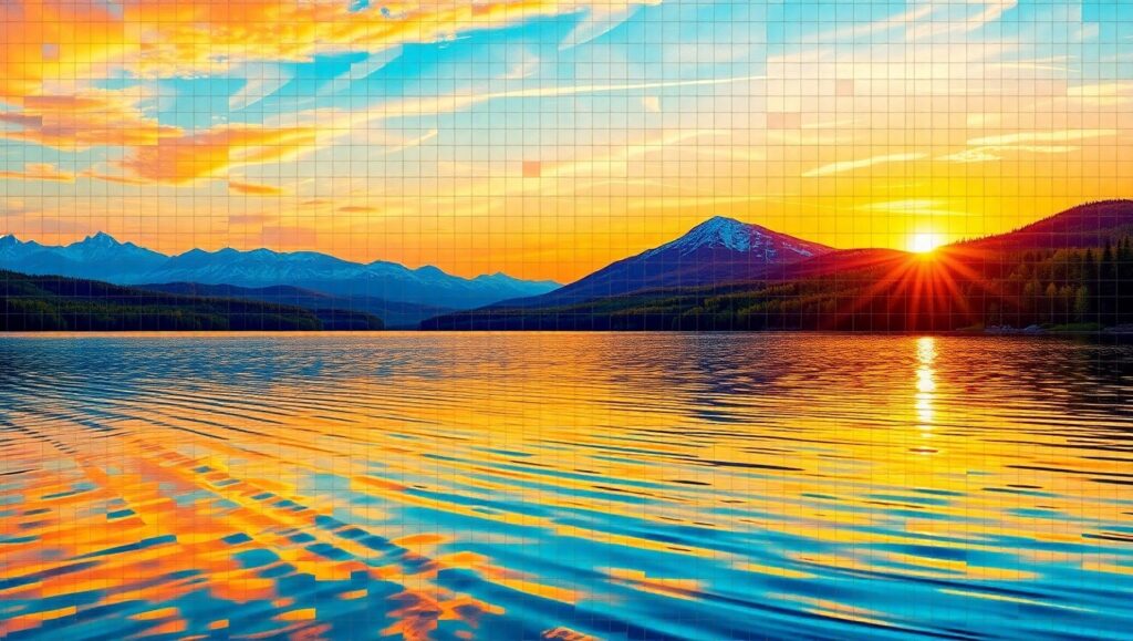 Mosaic Sunset Over Tranquil Lake – free AI stock image