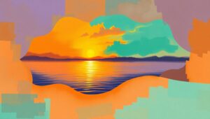 Mosaic Sunset Over Tranquil Lake X3v – free AI stock image