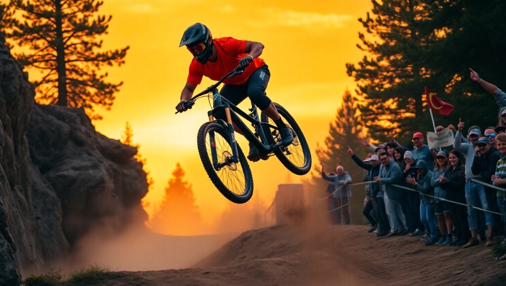 Mountain Biker Soars at Sunset – free AI stock image