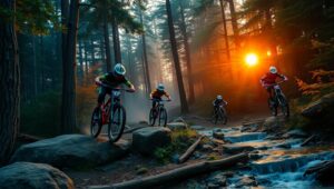 Mountain Biking at Sunset Speed – free AI stock image