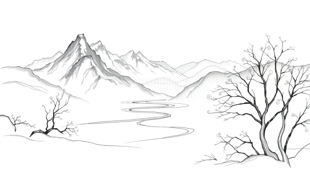 Mountain Serenity in Line – free AI stock image