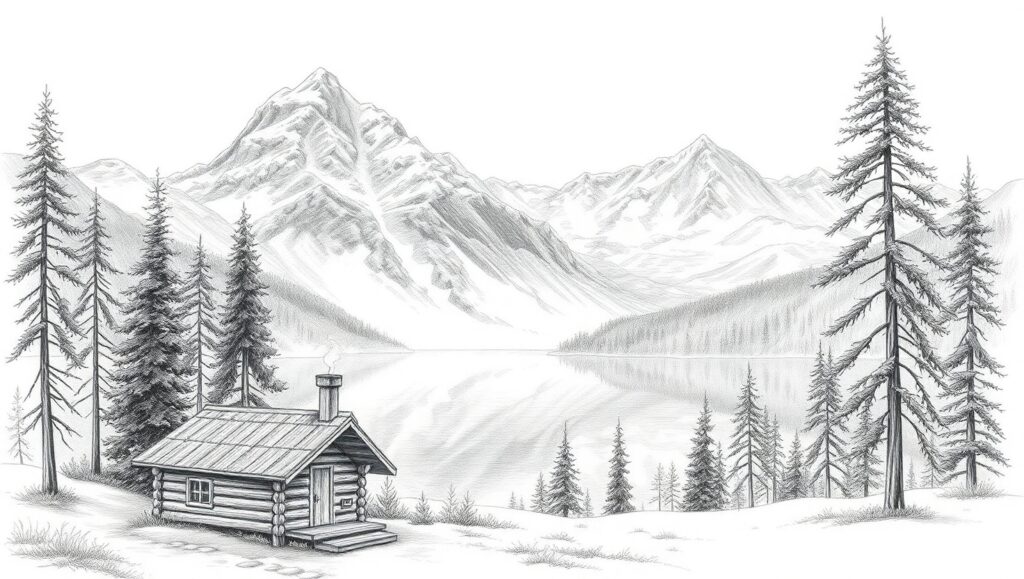 Mountain Serenity in Pencil Sketch – free AI stock image