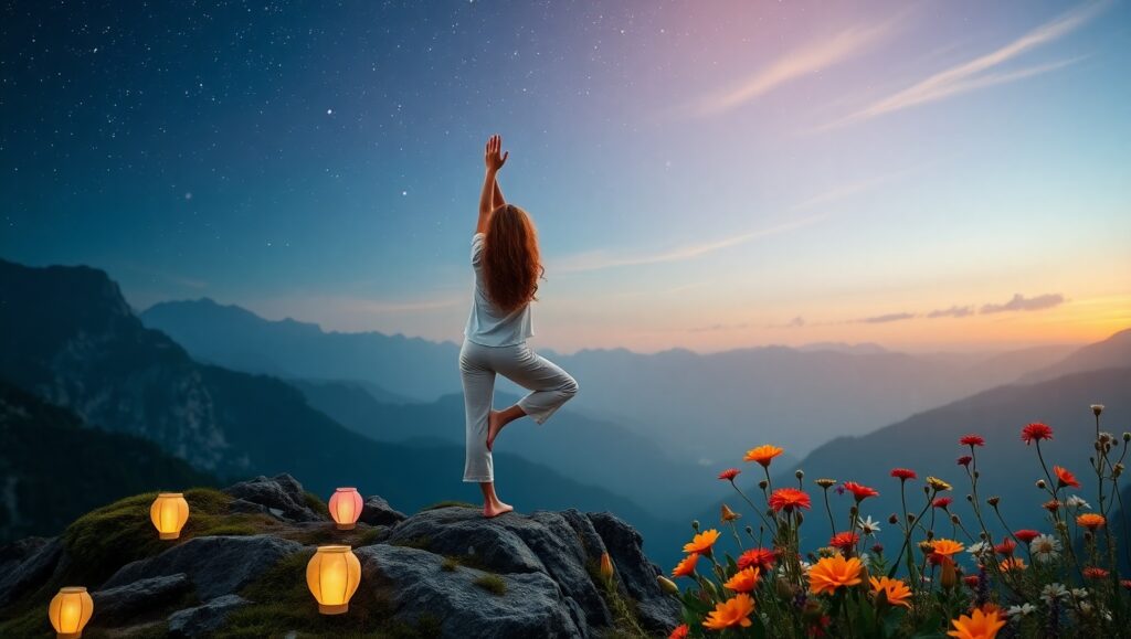Mountain Serenity Yoga Pose Scene – free AI stock image