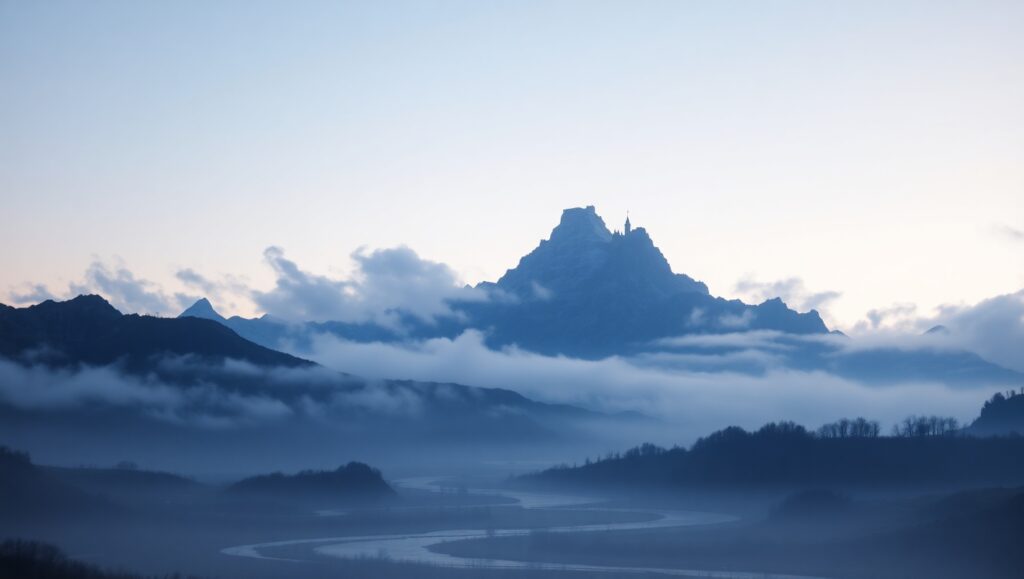 Mountain Silhouette with Hidden Castle – free AI stock image