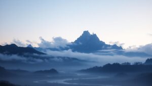 Mountain Silhouette with Hidden Castle – free AI stock image