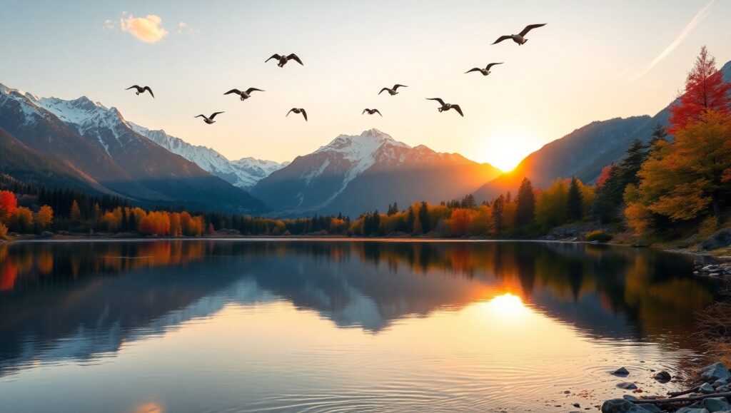 Mountain Sunrise with Reflective Lake – free AI stock image