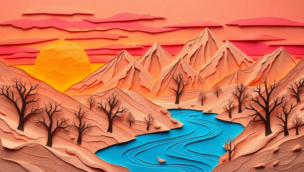 Mountain Sunset in Paper Art – free AI stock image