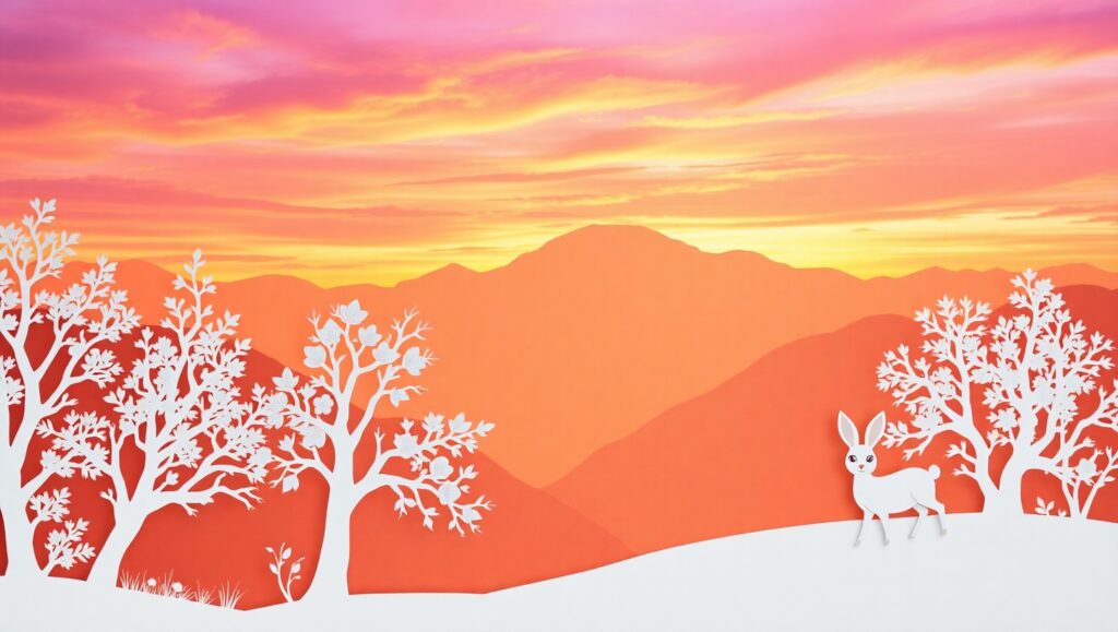 Mountain Sunset in Papercut Style – free AI stock image