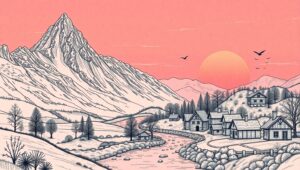 Mountain Village at Sunset – free AI stock image